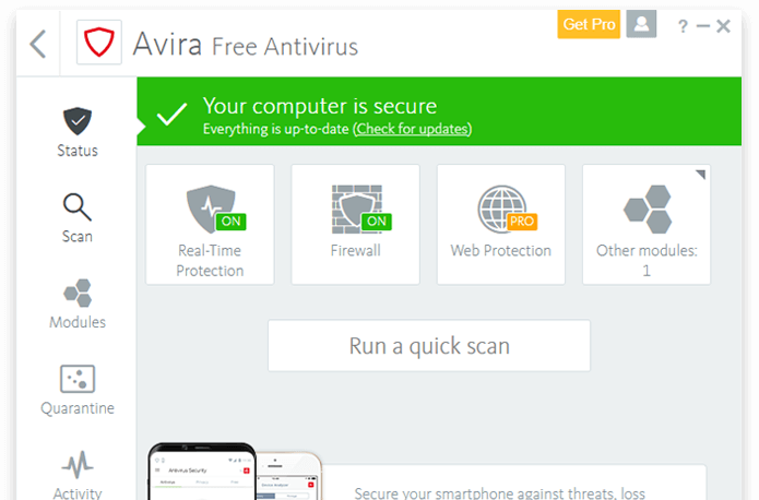 Performances d'avira antivirus pro et gratuit